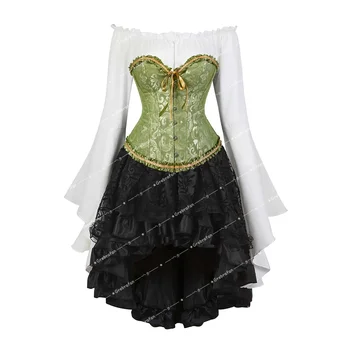 Корсет-бюстье, Наряды из 3 частей, Вышитые Бюстье, юбка с блузкой эпохи Возрождения, комплект костюмов для вечеринки Fiesta в винтажном стиле