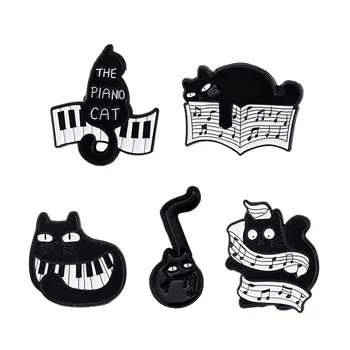 Эмалевые булавки с изображением кота-пианиста, Музыкальная брошь с Черным котом, Значки на лацкане, Ювелирный подарок для друзей и детей