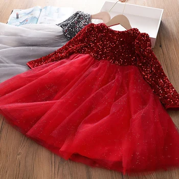 Платье принцессы с длинными рукавами для девочек на осень-зиму, детская одежда, красное рождественское платье с блестками для девочек, праздничное новогоднее платье