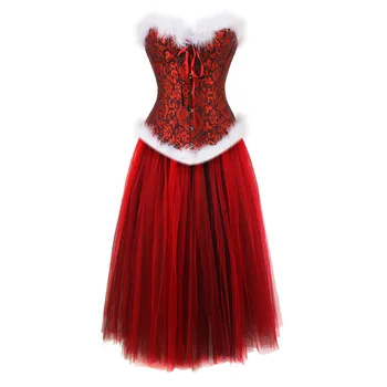 Рождественское корсетное платье, Белое перо, Костюмы на Хэллоуин, Бюстье с цветочным рисунком, Длинные юбки, Комплект нижнего белья, большие размеры, Красный